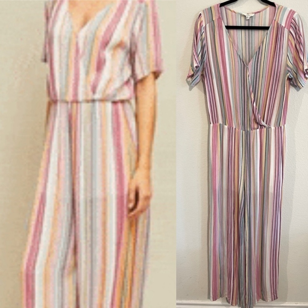 Entro Women Jumpsuit XL Pink Colorful Striped Longline Contemporary Causal